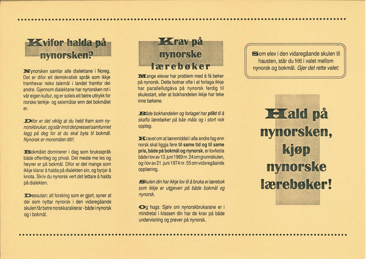 Flygeblad frå samlinga til Norsk Målungdom med overskrifta "Kvifor skriva nynorsk som hovudmål?"