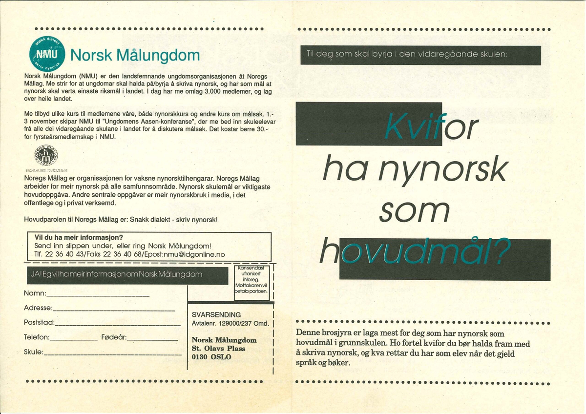 Flygeblad frå samlinga til Norsk Målungdom med overskrifta "Kvifor ha nynorsk som hovudmål?"