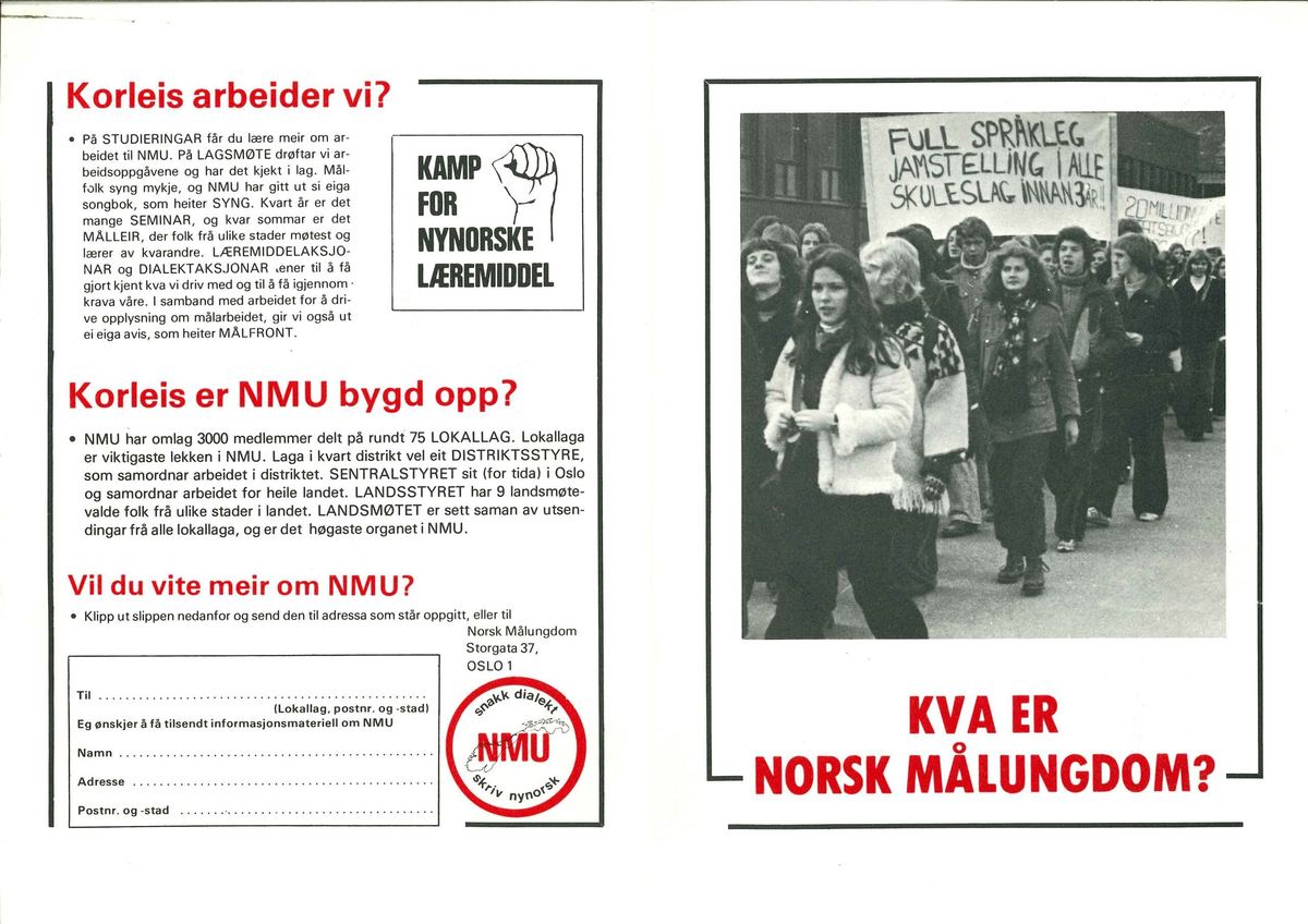 Flygeblad frå samlinga til Norsk Målungdom med overskrifta "Kva er Norsk Målungdom?"