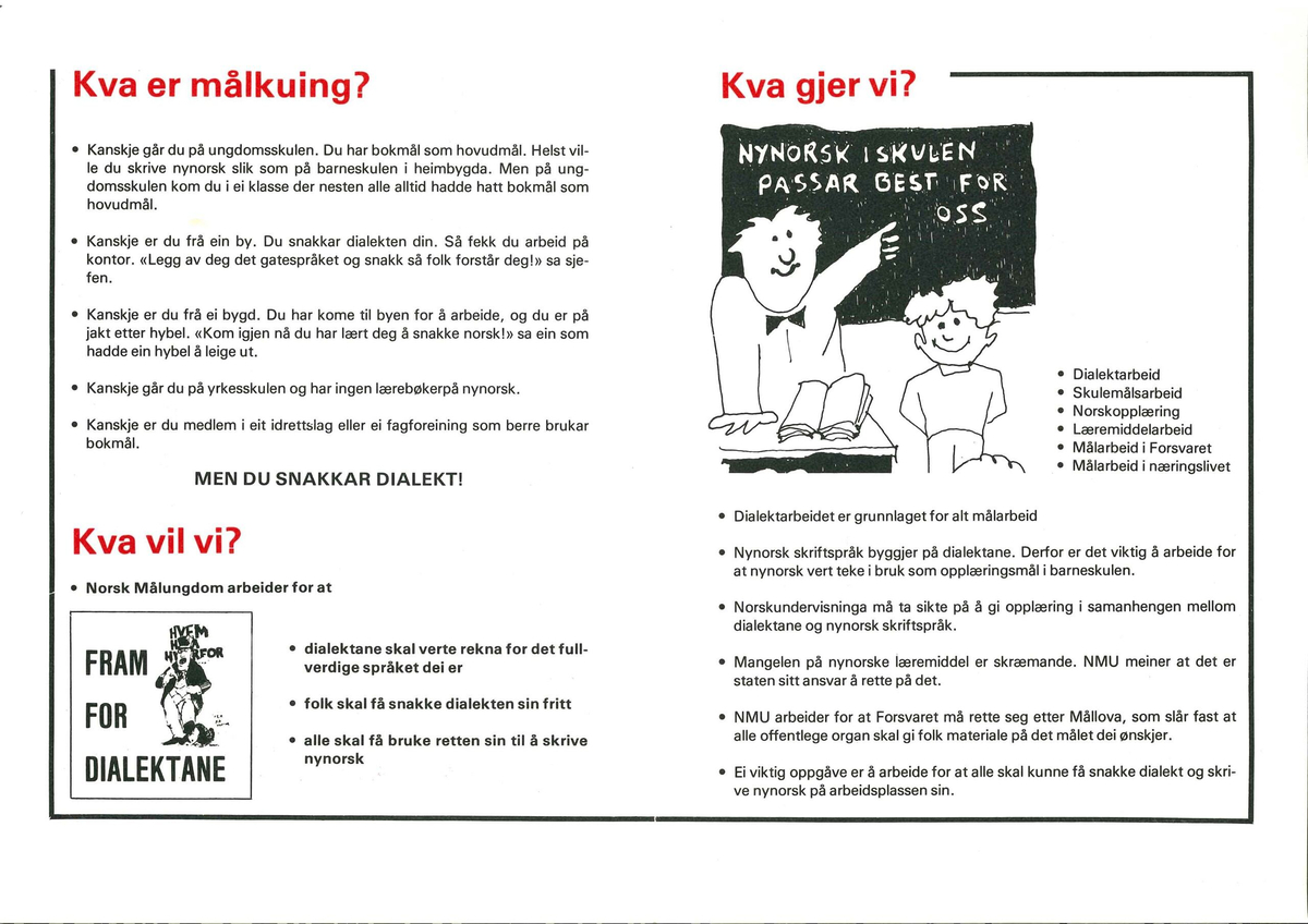 Flygeblad frå samlinga til Norsk Målungdom med overskrifta "Kva er Norsk Målungdom?"