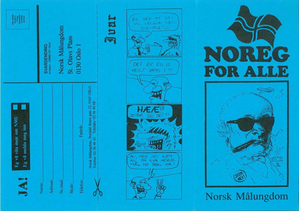Flygeblad frå samlinga til Norsk Målungdom med overskrifta "Noreg for alle"