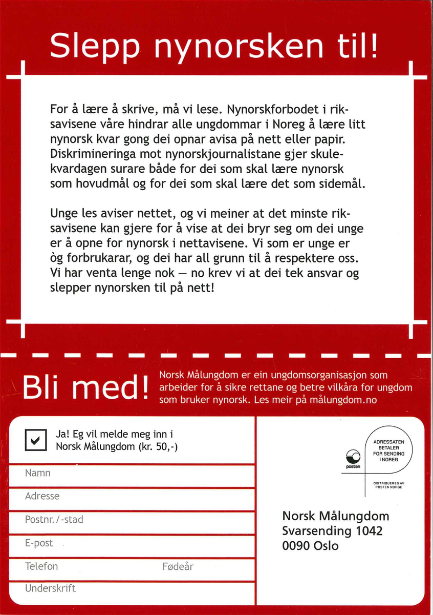 Flygeblad frå samlinga til Norsk Målungdom med overskrifta "Nynorsk i nettavisene - Kvifor er det så viktig?"