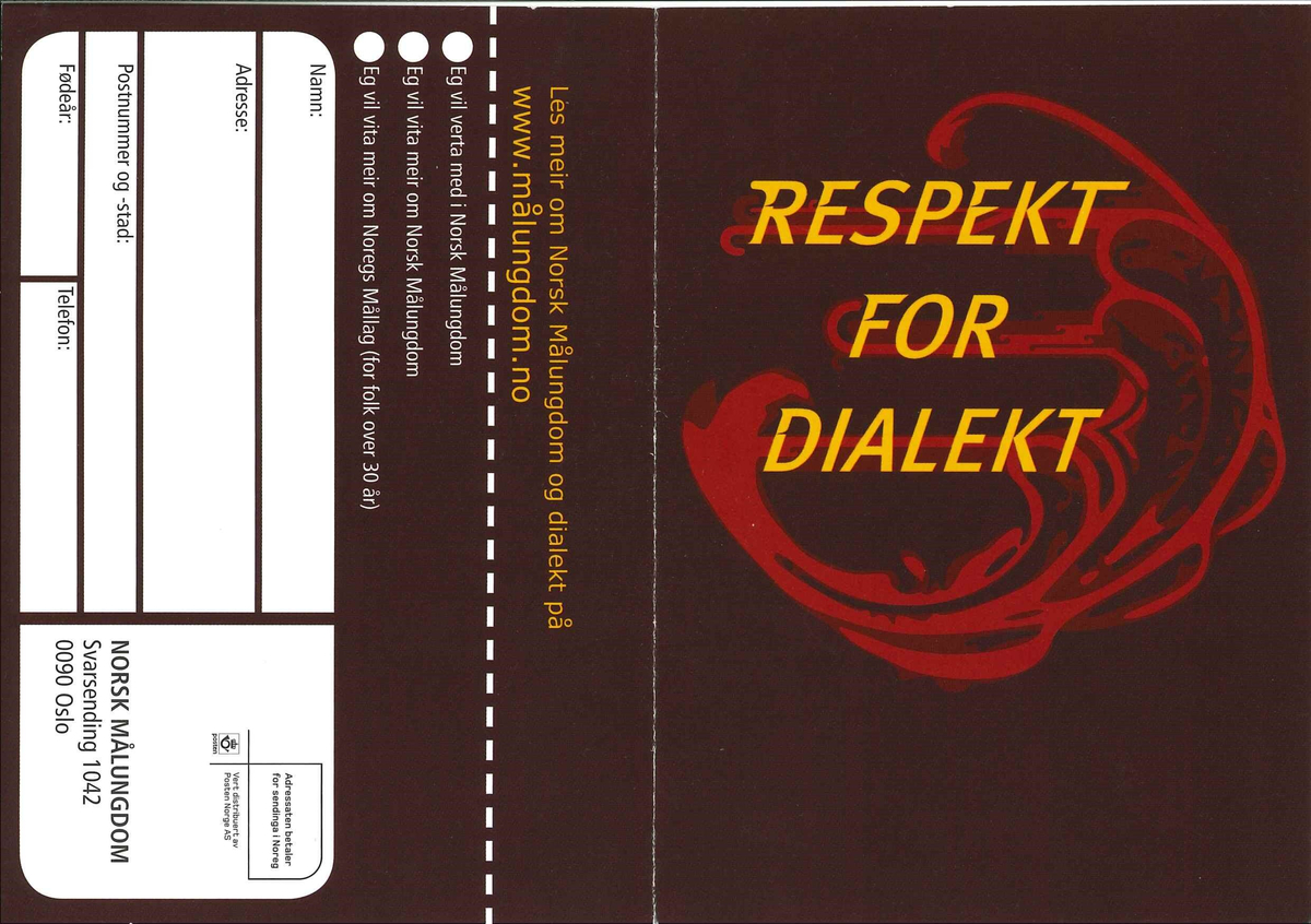 Flygeblad frå samlinga til Norsk Målungdom med overskrifta "Respekt for dialekt"