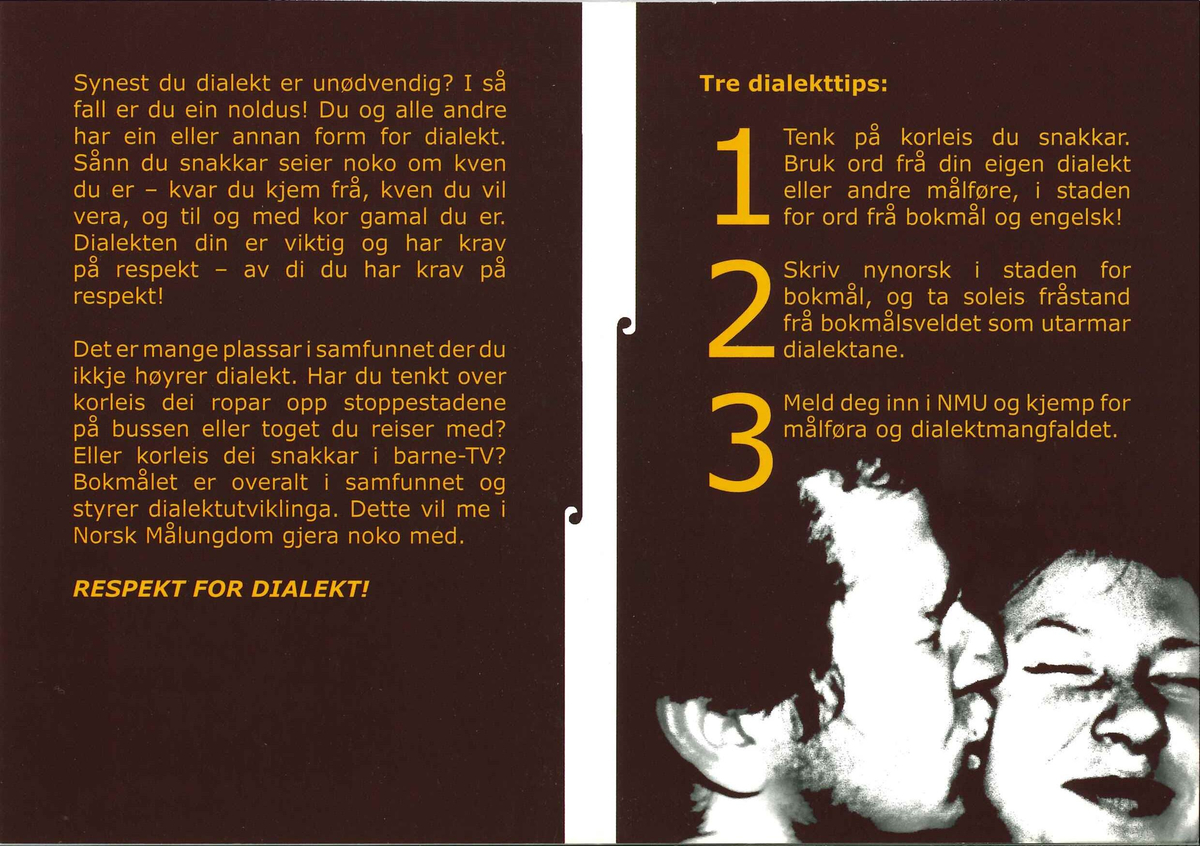Flygeblad frå samlinga til Norsk Målungdom med overskrifta "Respekt for dialekt"