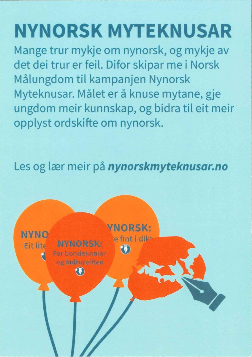 Flygeblad frå samlinga til Norsk Målungdom med overskrifta "Nynorsk myteknusar"