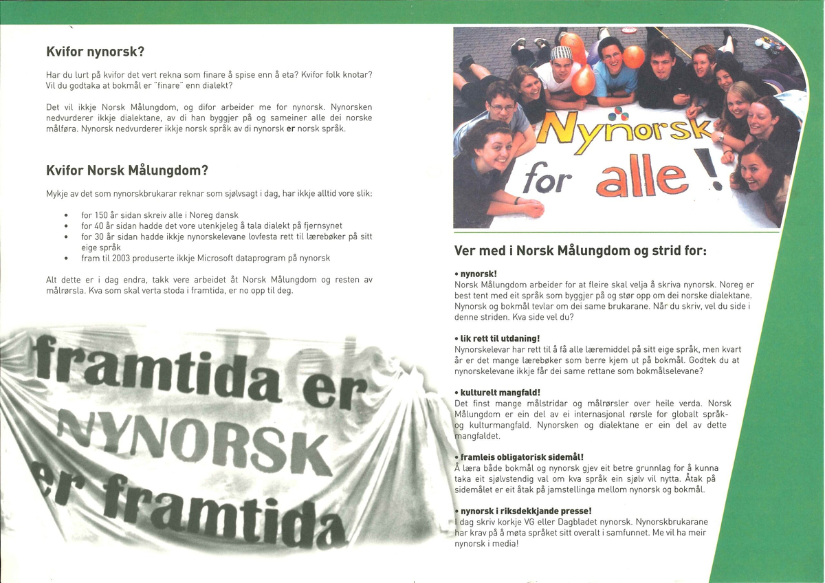 Flygeblad frå samlinga til Norsk Målungdom med overskrifta "Nynorsk for alle!"