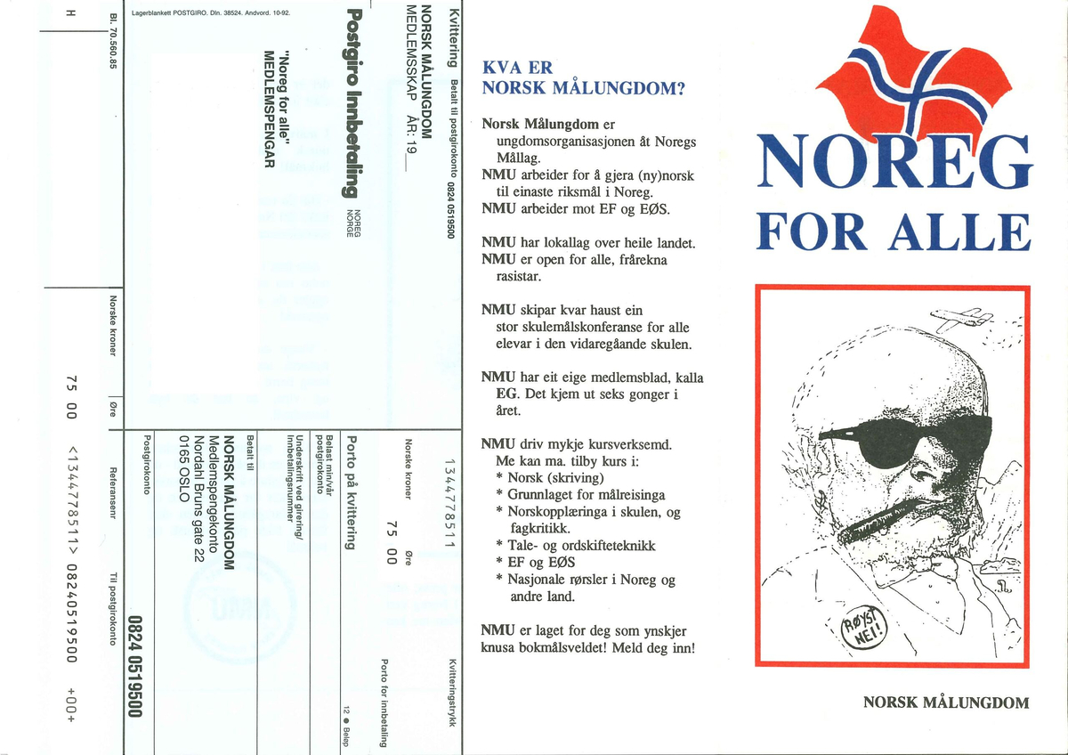 Flygeblad frå samlinga til Norsk Målungdom med overskrifta "Noreg for alle"