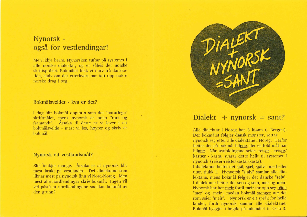 Flygeblad frå samlinga til Norsk Målungdom med overskrifta "Skriv enkelt. Skriv klårt. Skriv stutt. Skriv nynorsk!"