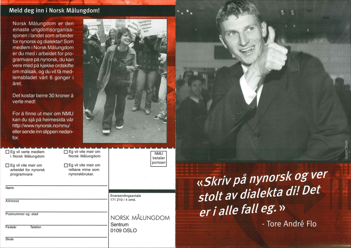 Flygeblad frå samlinga til Norsk Målungdom med overskrifta "Skriv på nynorsk og ver stolt av dialekta di! Det er i alle fall eg.", med bilete av Tore André Flo