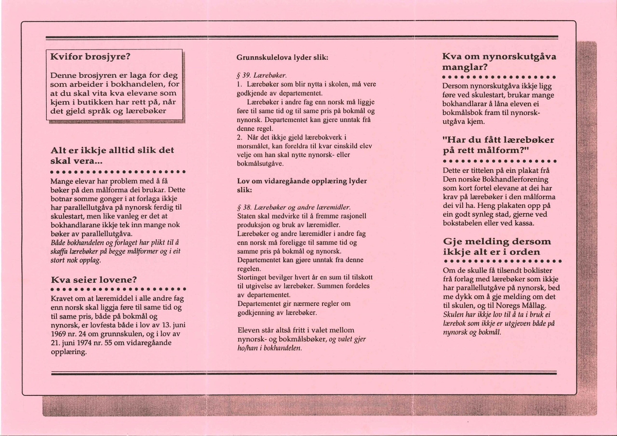 Flygeblad frå samlinga til Norsk Målungdom med overskrifta "Til deg som sel lærebøker: Informasjon om elevane sine rettar ved kjøp av lærebøker"