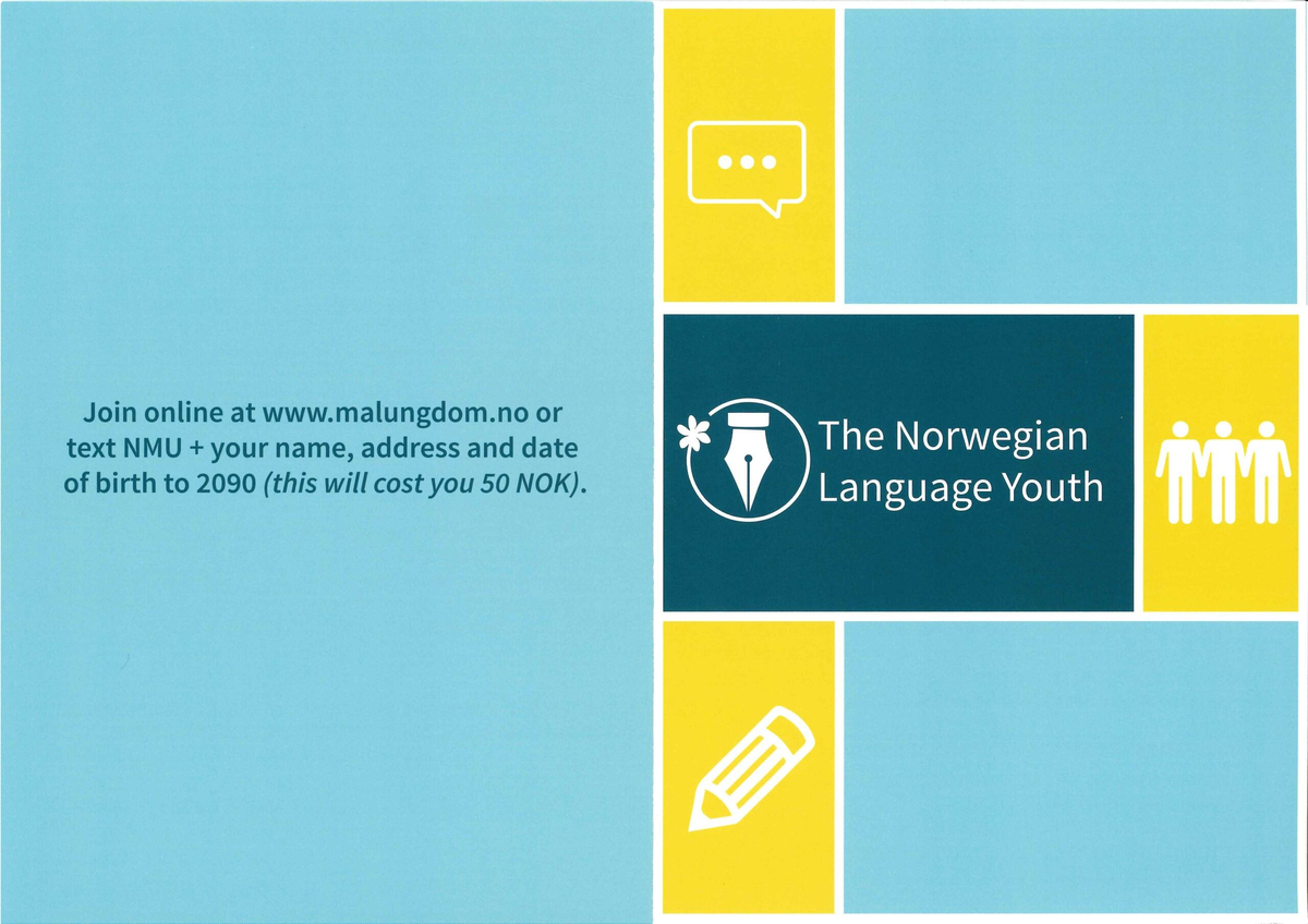 Flygeblad frå samlinga til Norsk Målungdom med overskrifta "The Norwegian Language Youth"