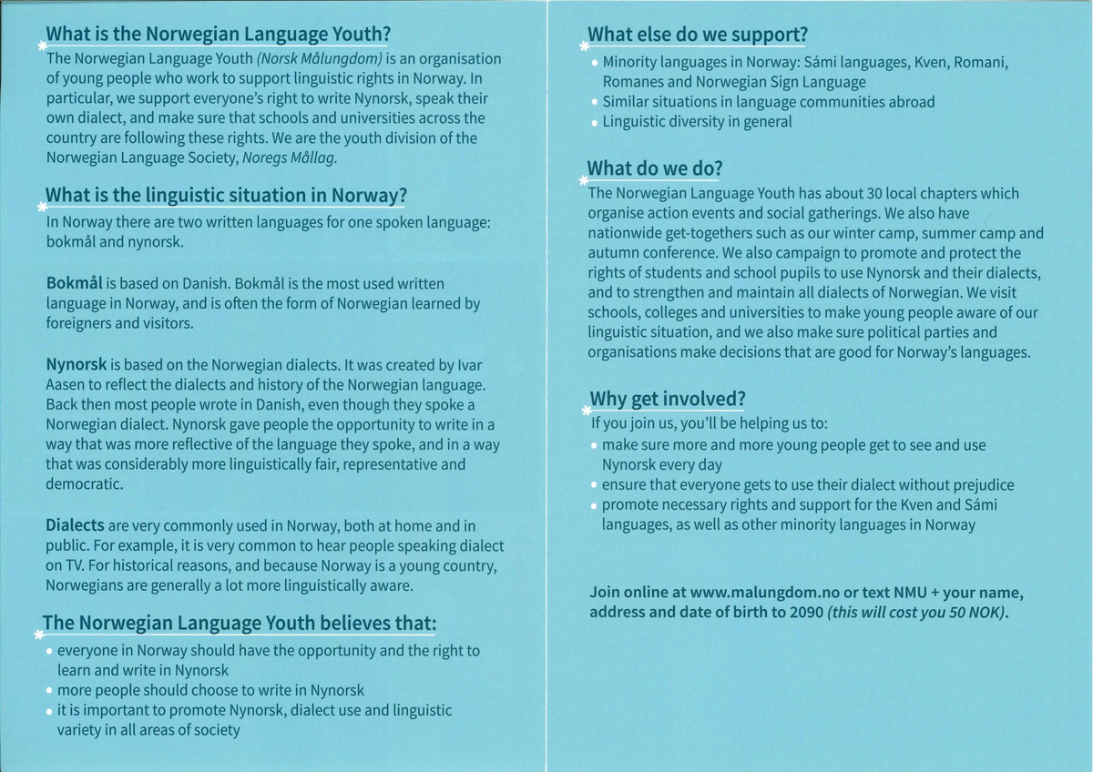 Flygeblad frå samlinga til Norsk Målungdom med overskrifta "The Norwegian Language Youth"