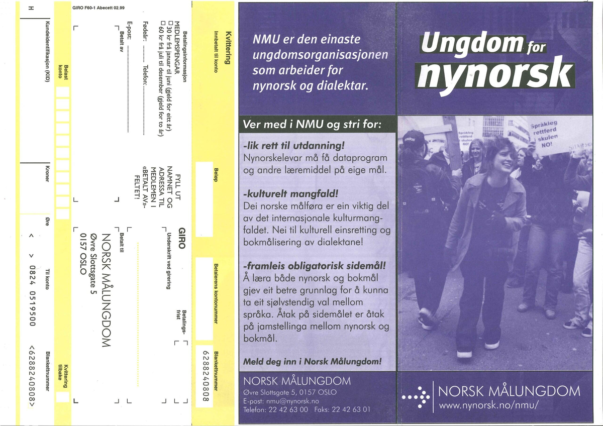 Flygeblad frå samlinga til Norsk Målungdom med overskrifta "Ungdom for nynorsk"