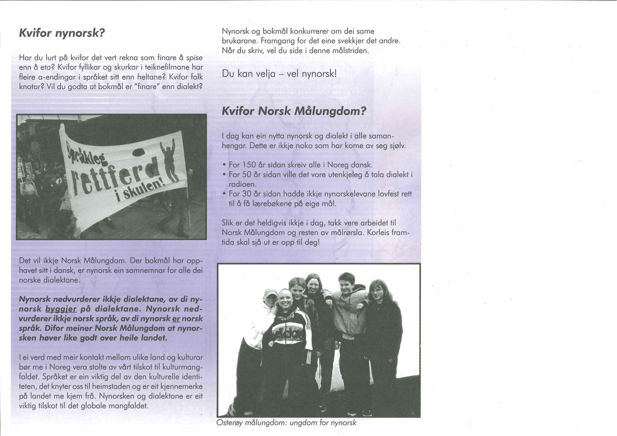 Flygeblad frå samlinga til Norsk Målungdom med overskrifta "Ungdom for nynorsk"
