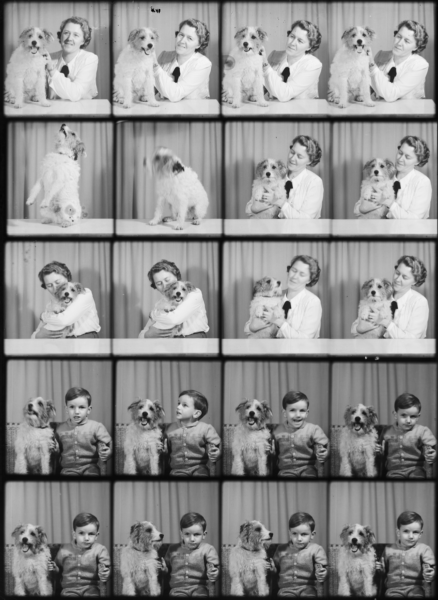 "Fru Öhlund" samt pojken Öhlund och hund från Foghammar, Alunda socken, Uppland 1949
