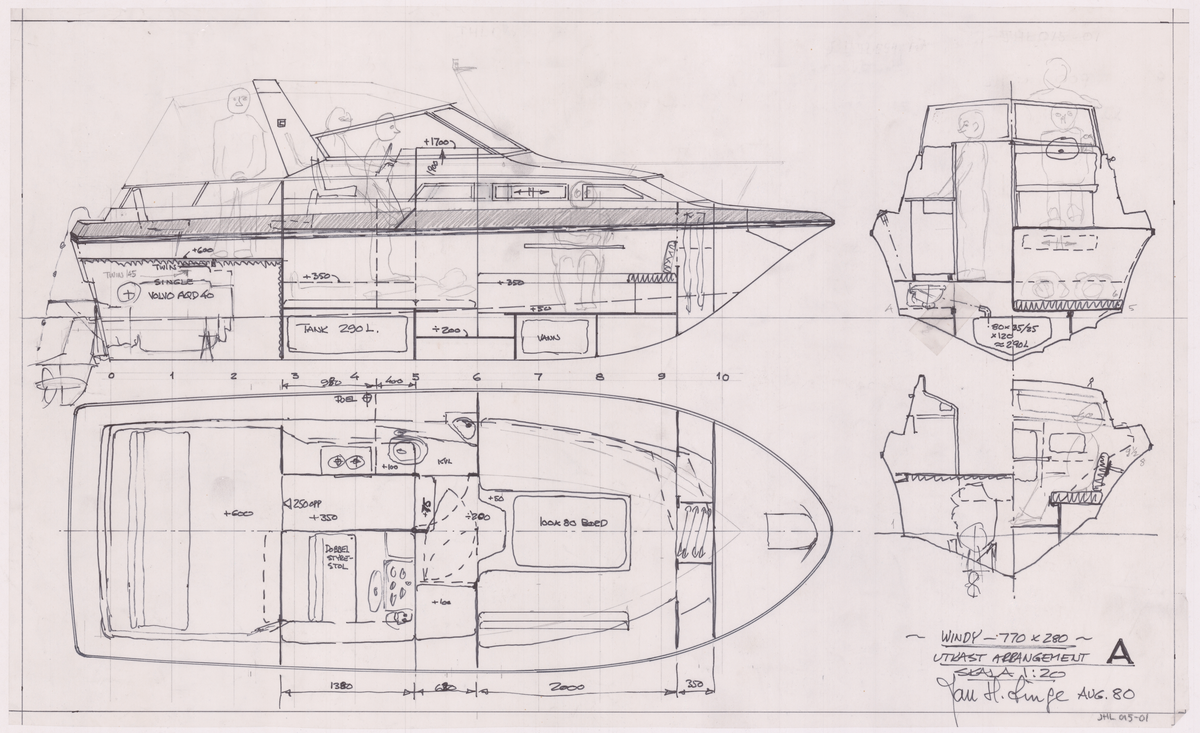 Windy 770. Cabin cruiser. Utkast Arrangement A. Single Volvo AQD40. 0,3 tonn. 1:20
