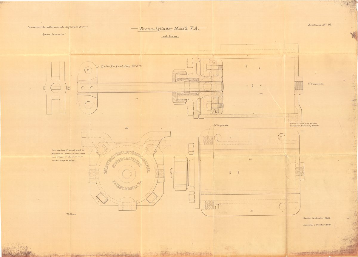 Arbeidstegning. Bremsesylinder Model VA. Carpenter, lufttrykksbremse. Tegning nr. 413. 1885 / 1900
