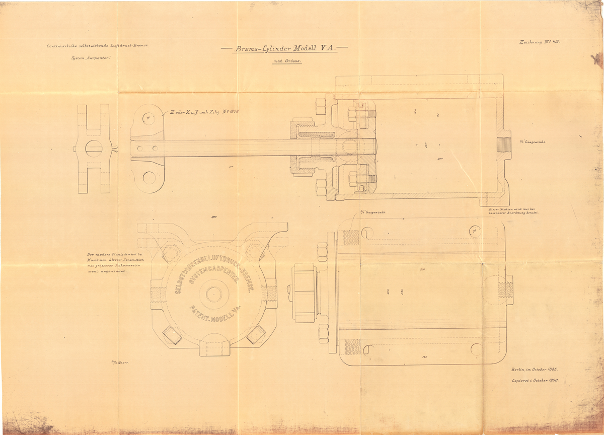 Arbeidstegning. Bremsesylinder Model VA. Carpenter, lufttrykksbremse. Tegning nr. 413. 1885 / 1900