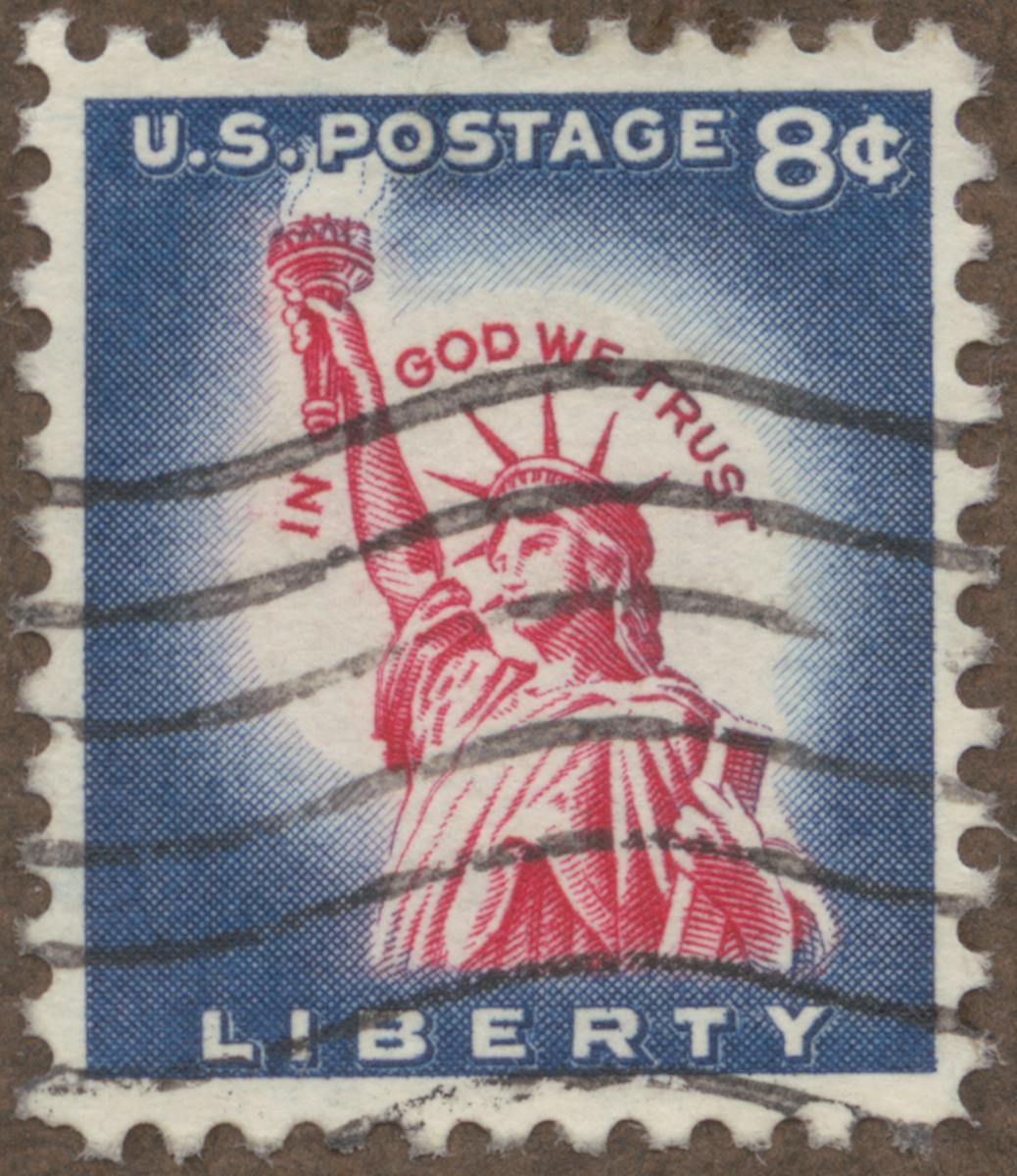 Frimärke ur Gösta Bodmans filatelistiska motivsamling, påbörjad 1950.
Frimärke från U.S.A., 1954. Motiv av Frihets Statyen i New Yorks Hamn Gåva av Frankrike till USA: 1886