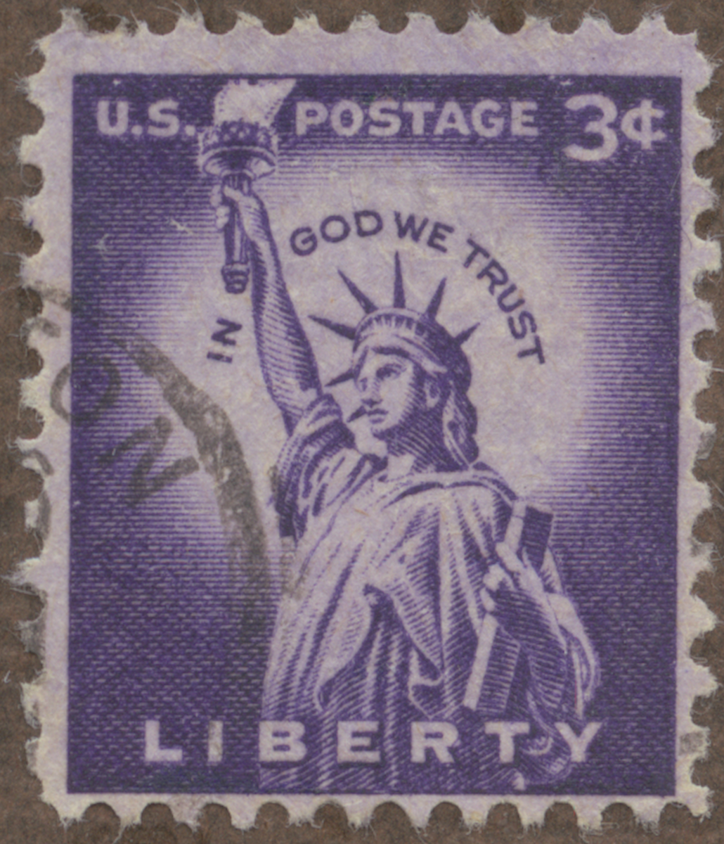 Frimärke ur Gösta Bodmans filatelistiska motivsamling, påbörjad 1950.
Frimärke från U.S.A., 1954. Motiv av Frihetsstatyen i New York Gåva av Frankrike till USA 1886