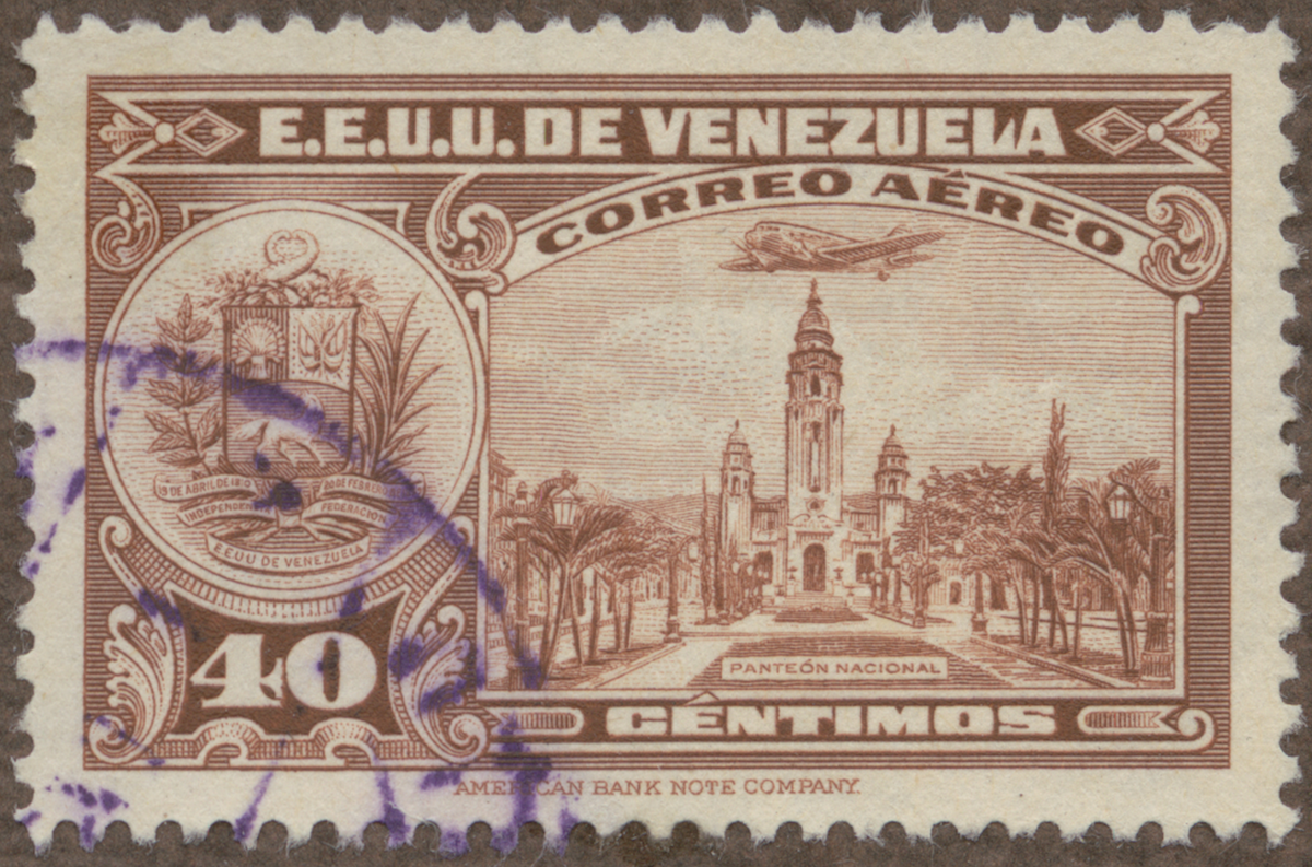 Frimärke ur Gösta Bodmans filatelistiska motivsamling, påbörjad 1950.
Frimärke från Venezuela., 1938. Motiv av National Pantheon Venezuela