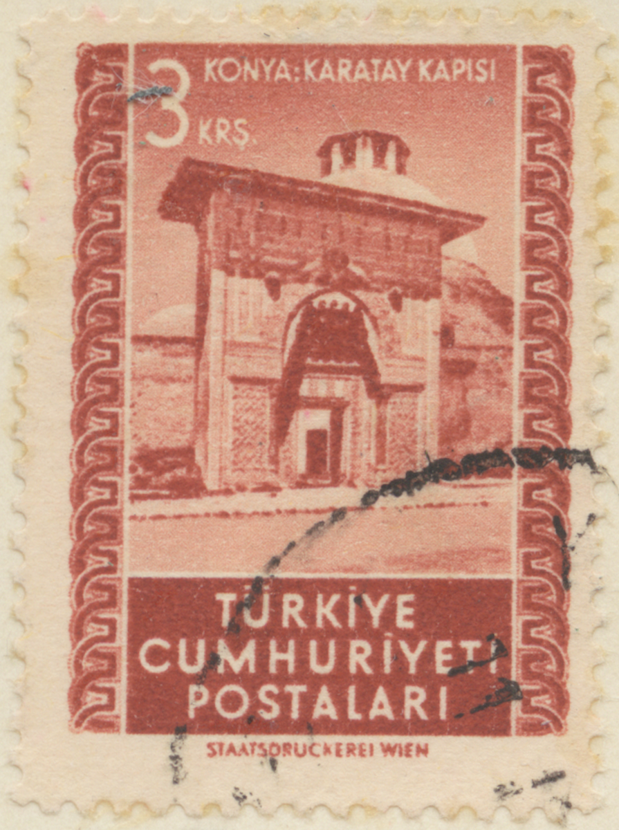Frimärke ur Gösta Bodmans filatelistiska motivsamling, påbörjad 1950.
Frimärke från Turkiet, 1952. Motiv av Karatay Stadsporten i Konya Turkiet