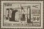 Frimärke ur Gösta Bodmans filatelistiska motivsamling, påbörjad 1950.
Frimärke från Marocko, 1950. Motiv av Triumfbågen över Caracalla i Volubilis Oeuvres sociales de l'Armee