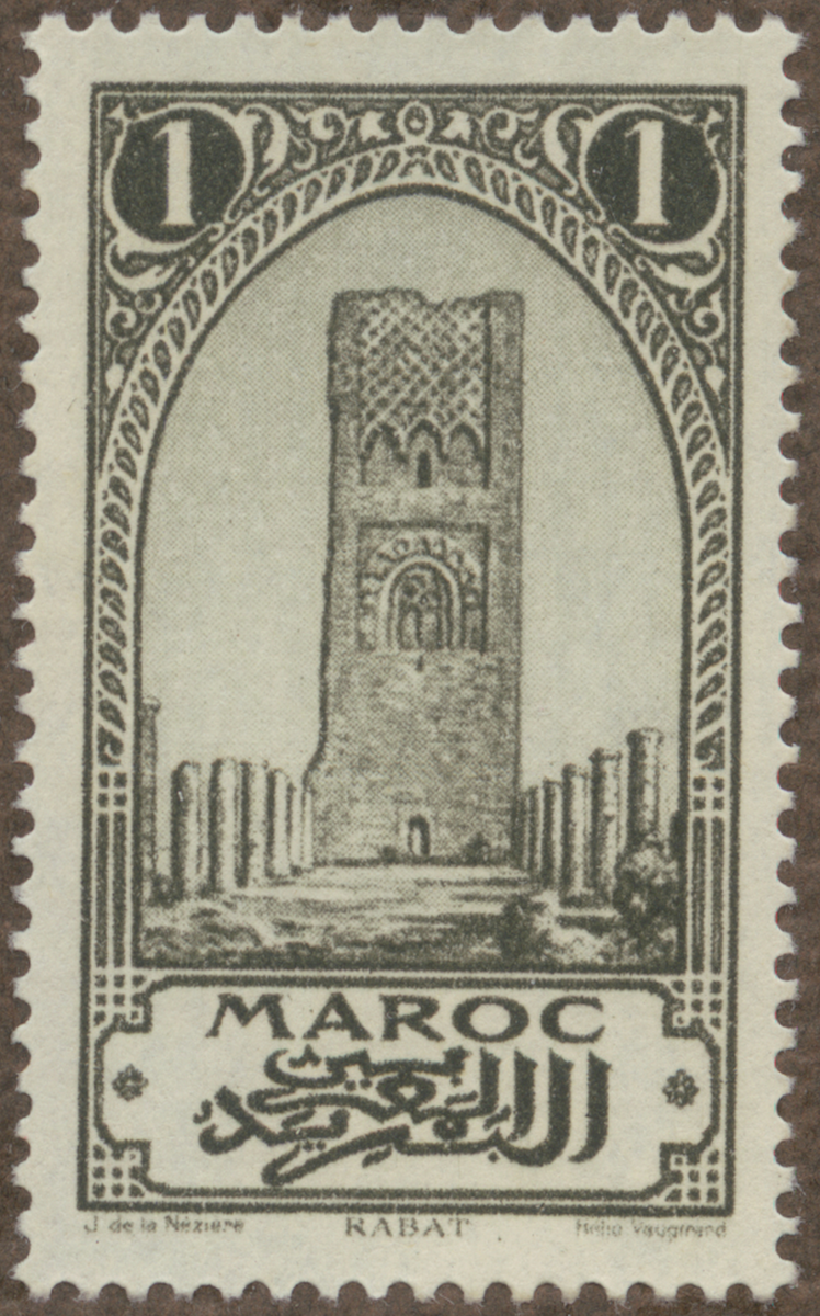 Frimärke ur Gösta Bodmans filatelistiska motivsamling, påbörjad 1950.
Frimärke från Franska Marocko, 1923. Motiv av Hassan Tornet i Rabat