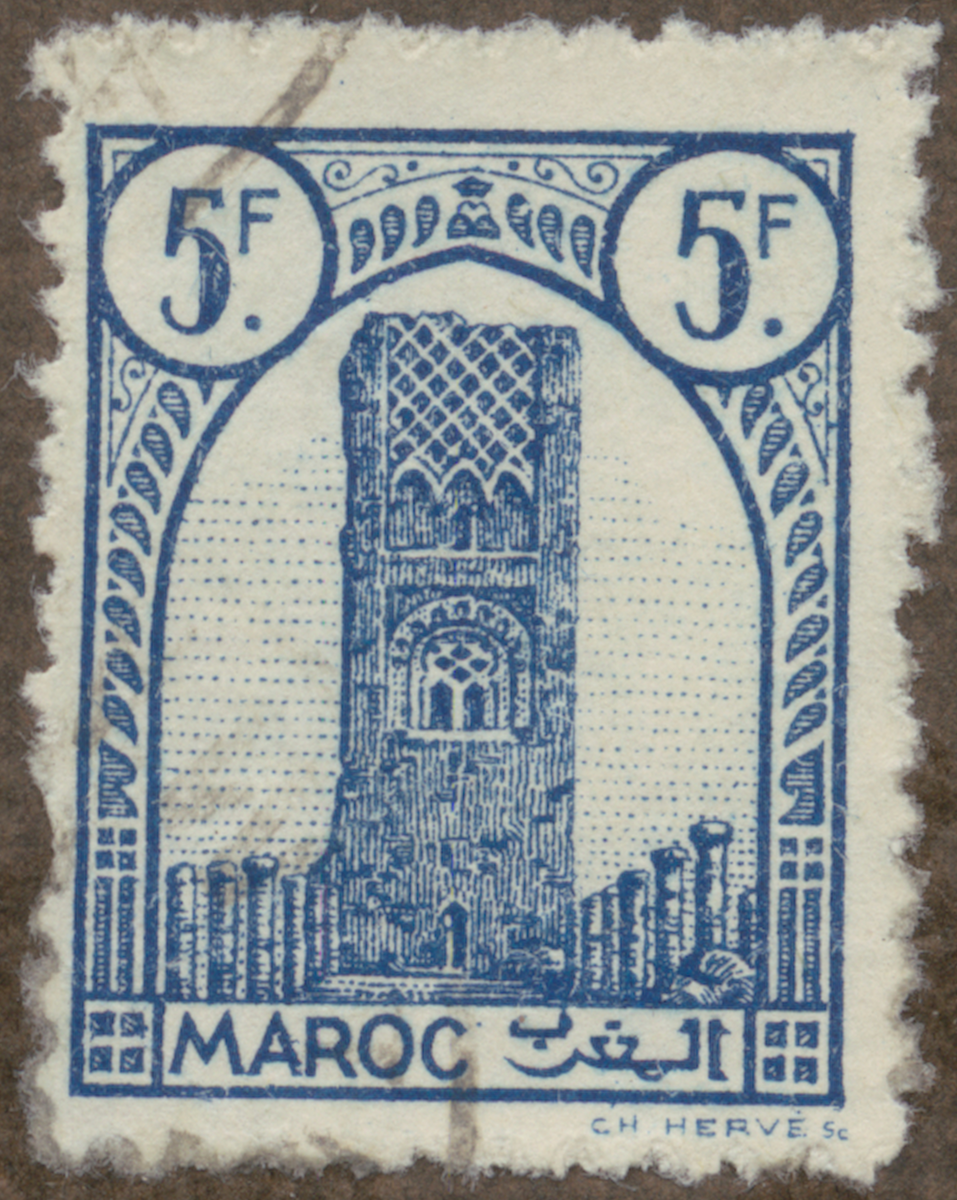 Frimärke ur Gösta Bodmans filatelistiska motivsamling, påbörjad 1950.
Frimärke från Franska Marocko, 1943. Motiv av Hassan Tornet i Rabat
