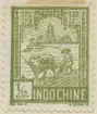 Frimärke ur Gösta Bodmans filatelistiska motivsamling, påbörjad 1950.
Frimärke från Inokina, 1927. Motiv av (i bakgrunden): Confucius torn - Plöjningsarbete med vattenbuffel-