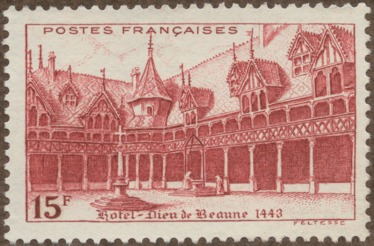 Frimärke ur Gösta Bodmans filatelistiska motivsamling, påbörjad 1950.
Frimärke från Frankrike, 1941. Motiv av Sjukhuset: "Hôtel-Dieu" i Beaune Grundat 1443. 500-årsminne.