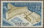 Frimärke ur Gösta Bodmans filatelistiska motivsamling, påbörjad 1950.
Frimärke från Frankrike, 1958. Motiv av UNESCO-byggnader i Paris