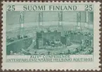 Frimärke ur Gösta Bodmans filatelistiska motivsamling, påbörjad 1950.
Frimärke från Finland, 1955. Motiv av Riksdagshuset i Hälsingfors 44. Interparlamentariska Konferensen August 1955