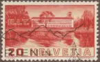 Frimärke ur Gösta Bodmans filatelistiska motivsamling, påbörjad 1950.
Frimärke från Schweiz, 1938. Motiv av B.I.T. Nationernas Förbund Byggnad i Geneve
