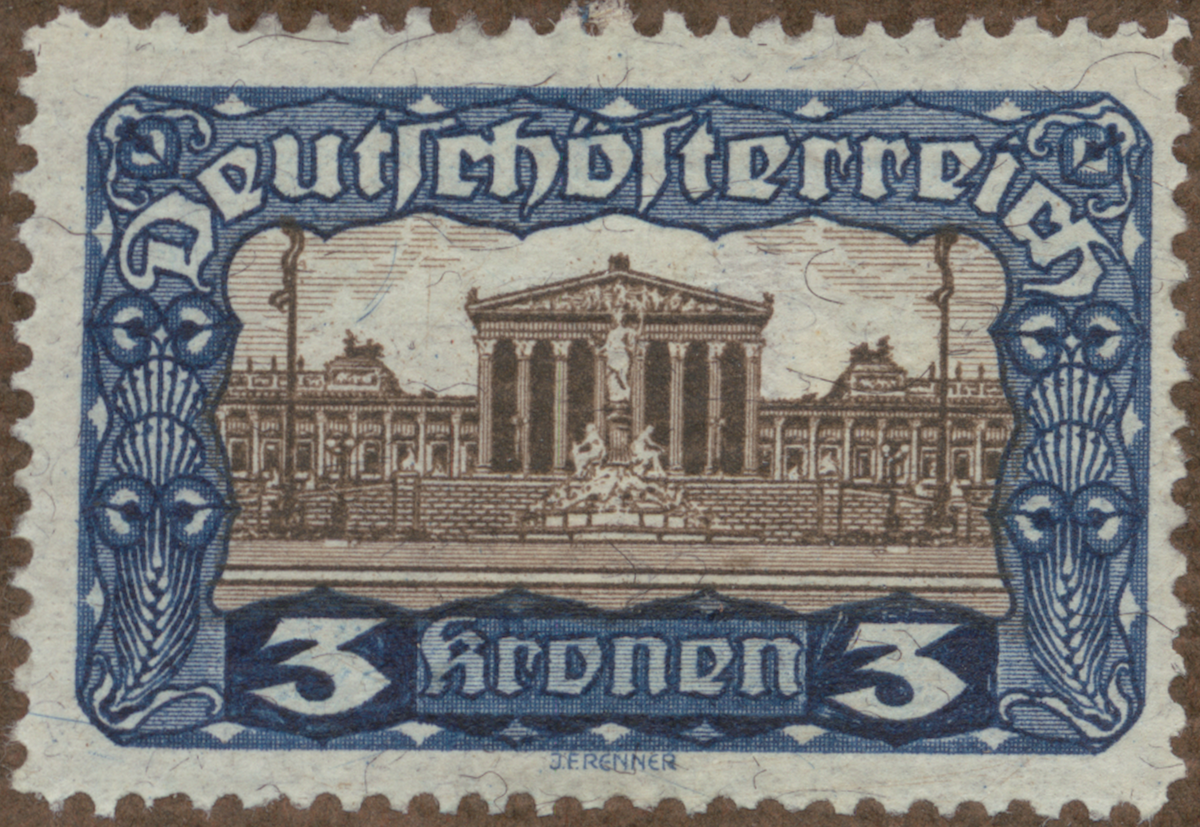 Frimärke ur Gösta Bodmans filatelistiska motivsamling, påbörjad 1950.
Frimärke från Österrike, 1919. Motiv av Parlamentshuset i Wien