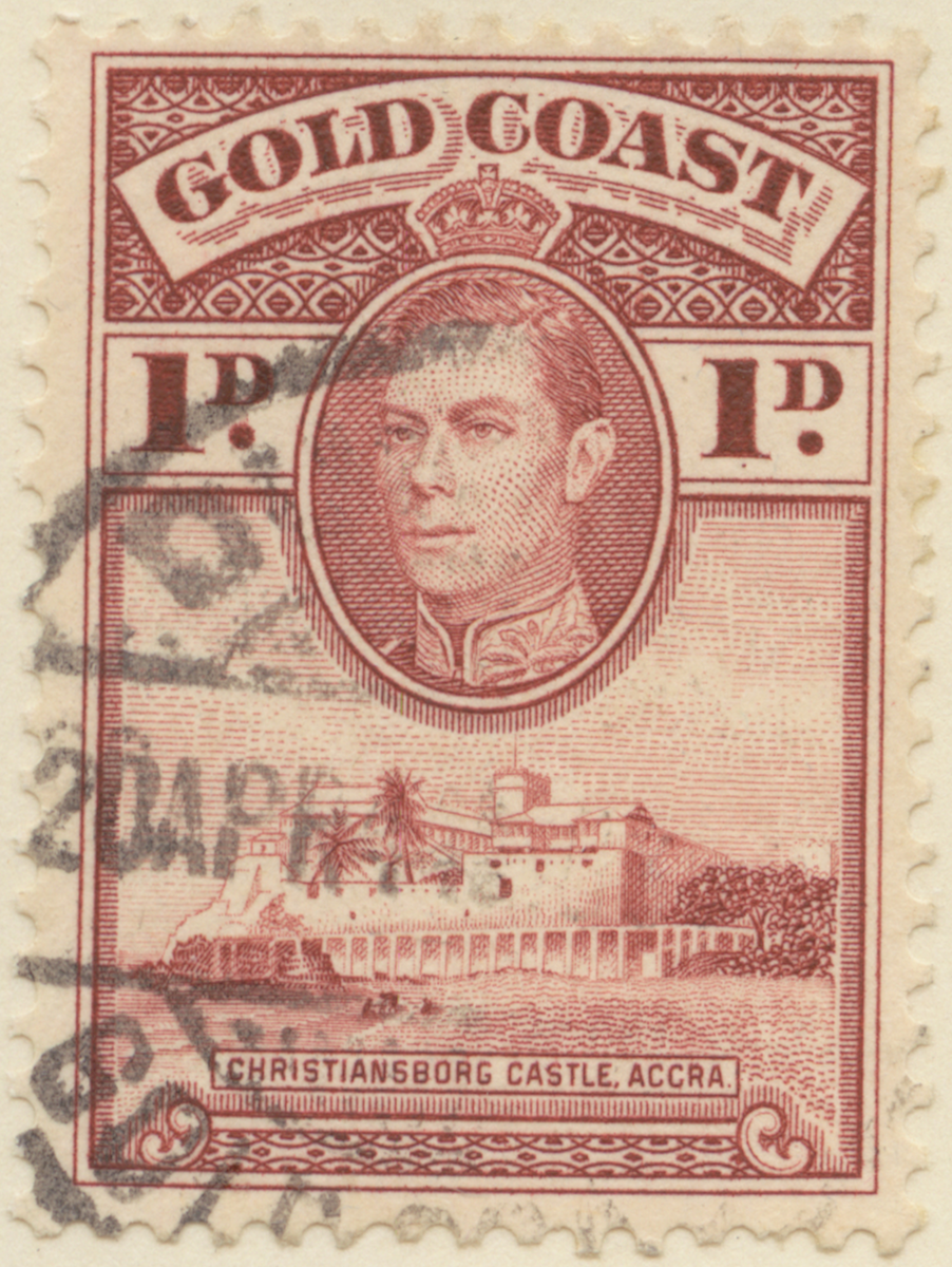 Frimärke ur Gösta Bodmans filatelistiska motivsamling, påbörjad 1950.
Frimärke från Guldkusten, 1937. Motiv av Slottet Christiansborg -i Accra- (ovan): Kung George VI-