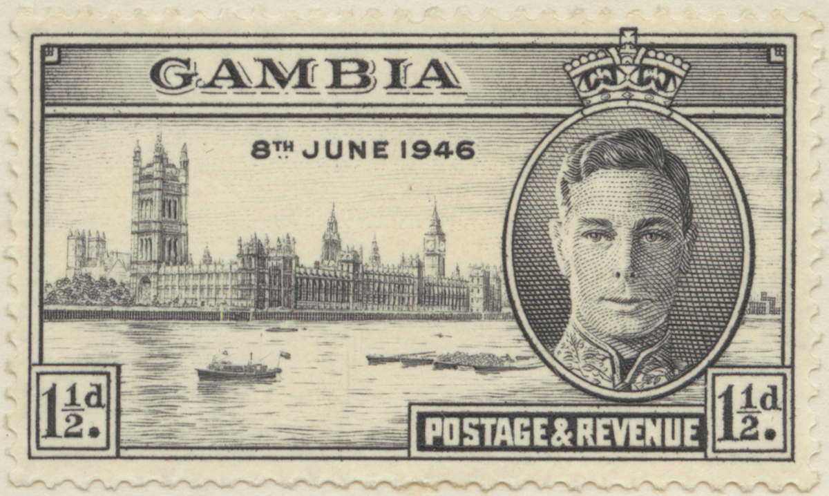 Frimärke ur Gösta Bodmans filatelistiska motivsamling, påbörjad 1950.
Frimärke från Gambia (Br. protektorat), 1946. Motiv av Parlamentshuset i London (t.h.): Kung Georg VI Minne av segern: 8 juni 1946-
