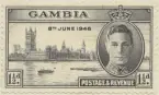Frimärke ur Gösta Bodmans filatelistiska motivsamling, påbörjad 1950.
Frimärke från Gambia (Br. protektorat), 1946. Motiv av Parlamentshuset i London (t.h.): Kung Georg VI Minne av segern: 8 juni 1946-