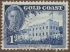 Frimärke ur Gösta Bodmans filatelistiska motivsamling, påbörjad 1950.
Frimärke från Guld Kusten, 1948. Motiv av Christiansborgs slott Guld Kusten: Accra- (t.v.): Kung George VI-
