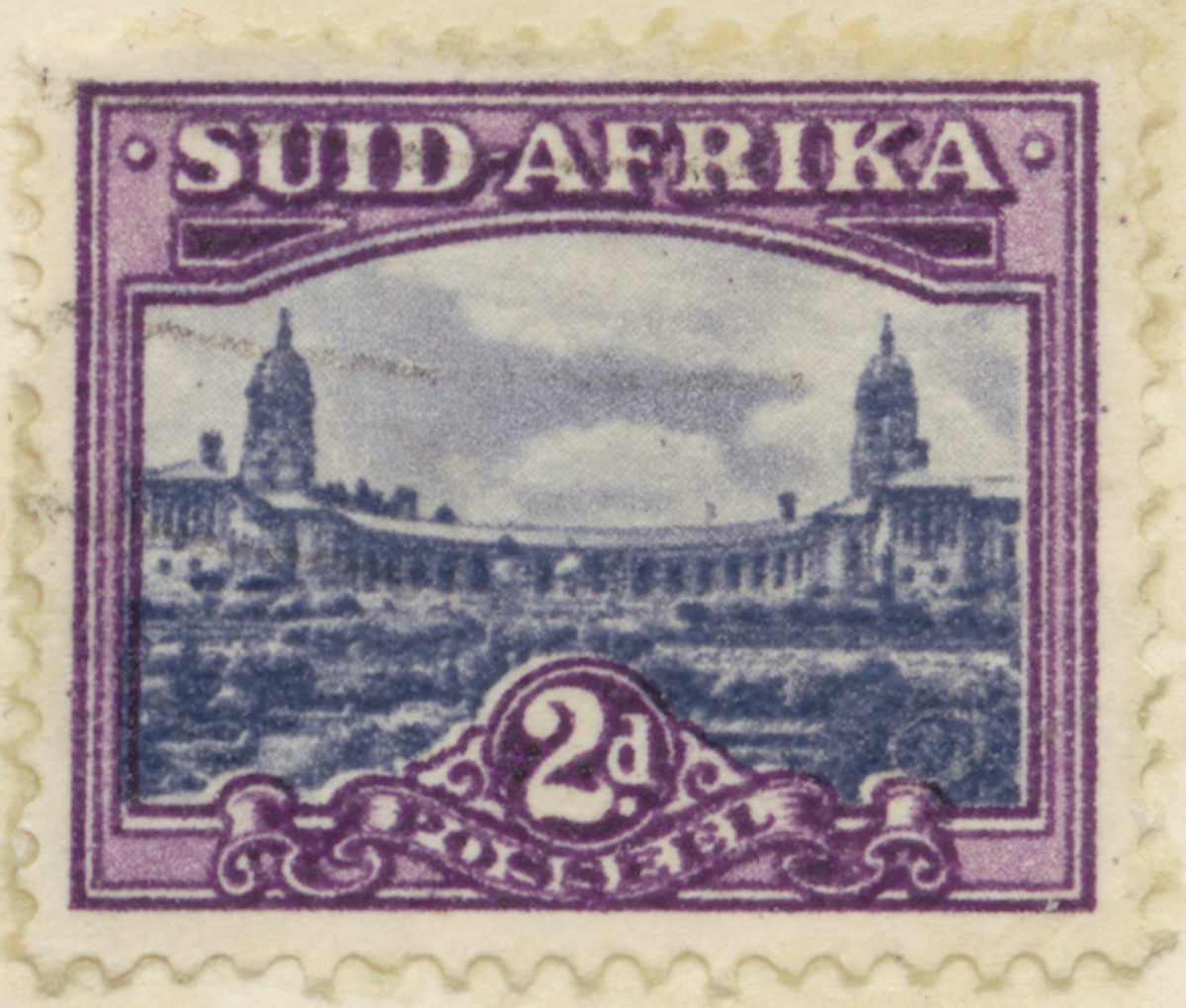 Frimärke ur Gösta Bodmans filatelistiska motivsamling, påbörjad 1950.
Frimärke från Syd Afrika, 1927. Motiv av Guvernementshuset i Pretoria