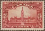 Frimärke ur Gösta Bodmans filatelistiska motivsamling, påbörjad 1950.
Frimärke från Canada, 1927. Motiv av Parlamentsbyggnaden i Ottawa Byggd 1867 60-årsminne