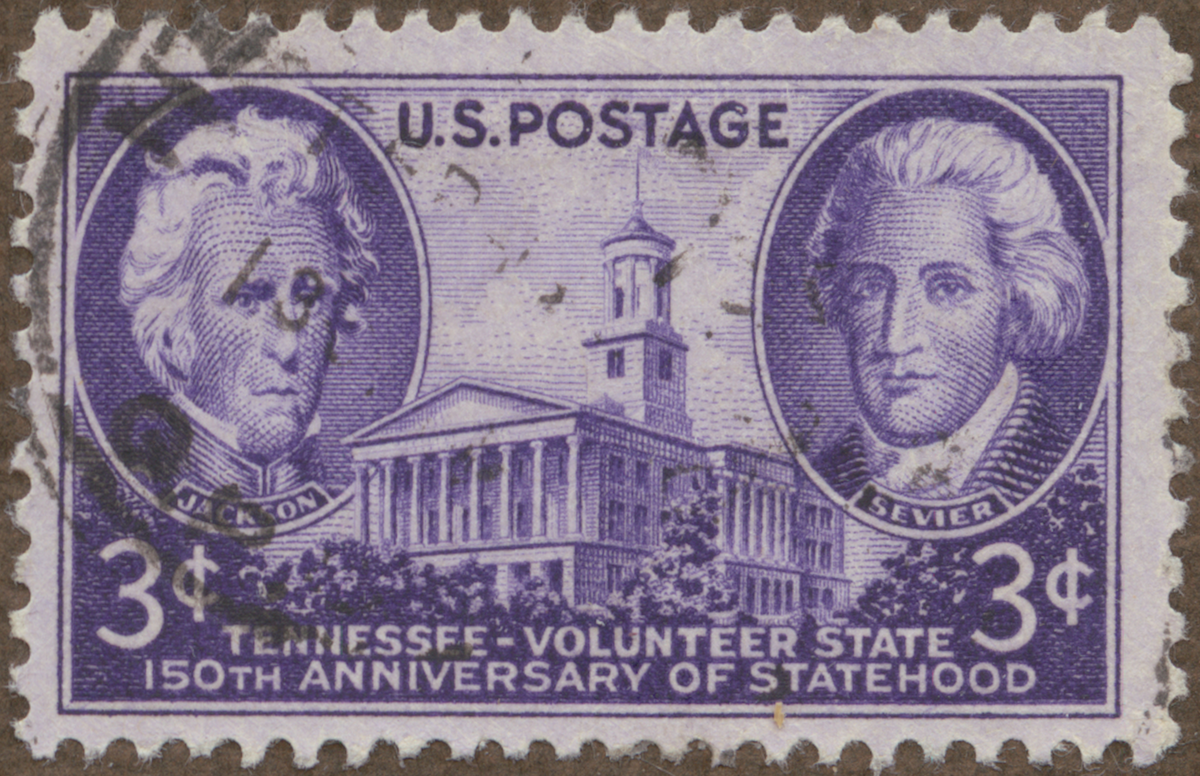 Frimärke ur Gösta Bodmans filatelistiska motivsamling, påbörjad 1950.
Frimärke från U.S.A., 1946. Motiv av Tennessees Capitolium (t.v.): President Andrew Jackson (t.h.): Guvenör John Sevier -Staten Tennessee 150 år: 1796-1946-