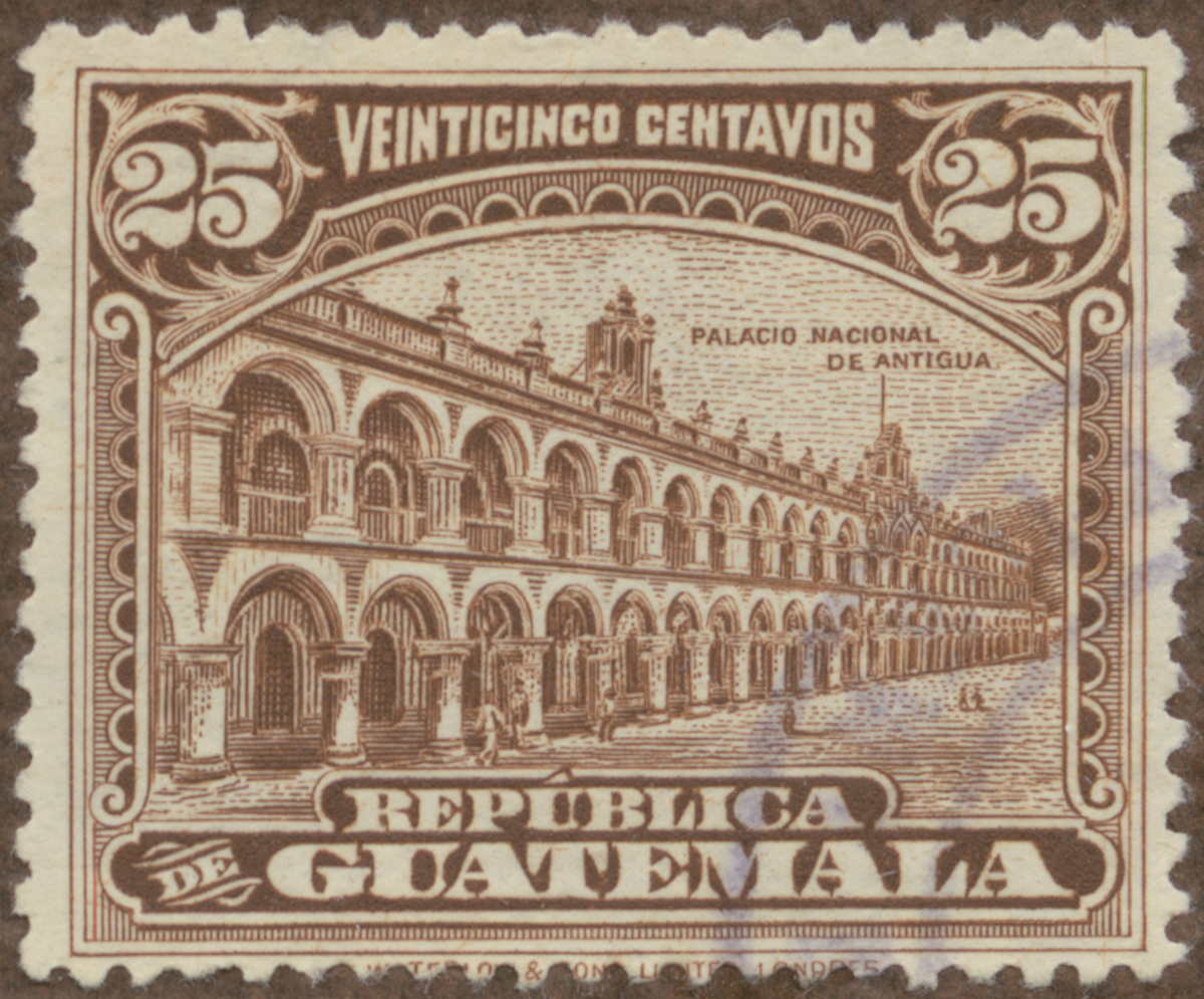Frimärke ur Gösta Bodmans filatelistiska motivsamling, påbörjad 1950.
Frimärke från Guatemala, 1922. Motiv av Nationalpalatset i Antigua Guatemala