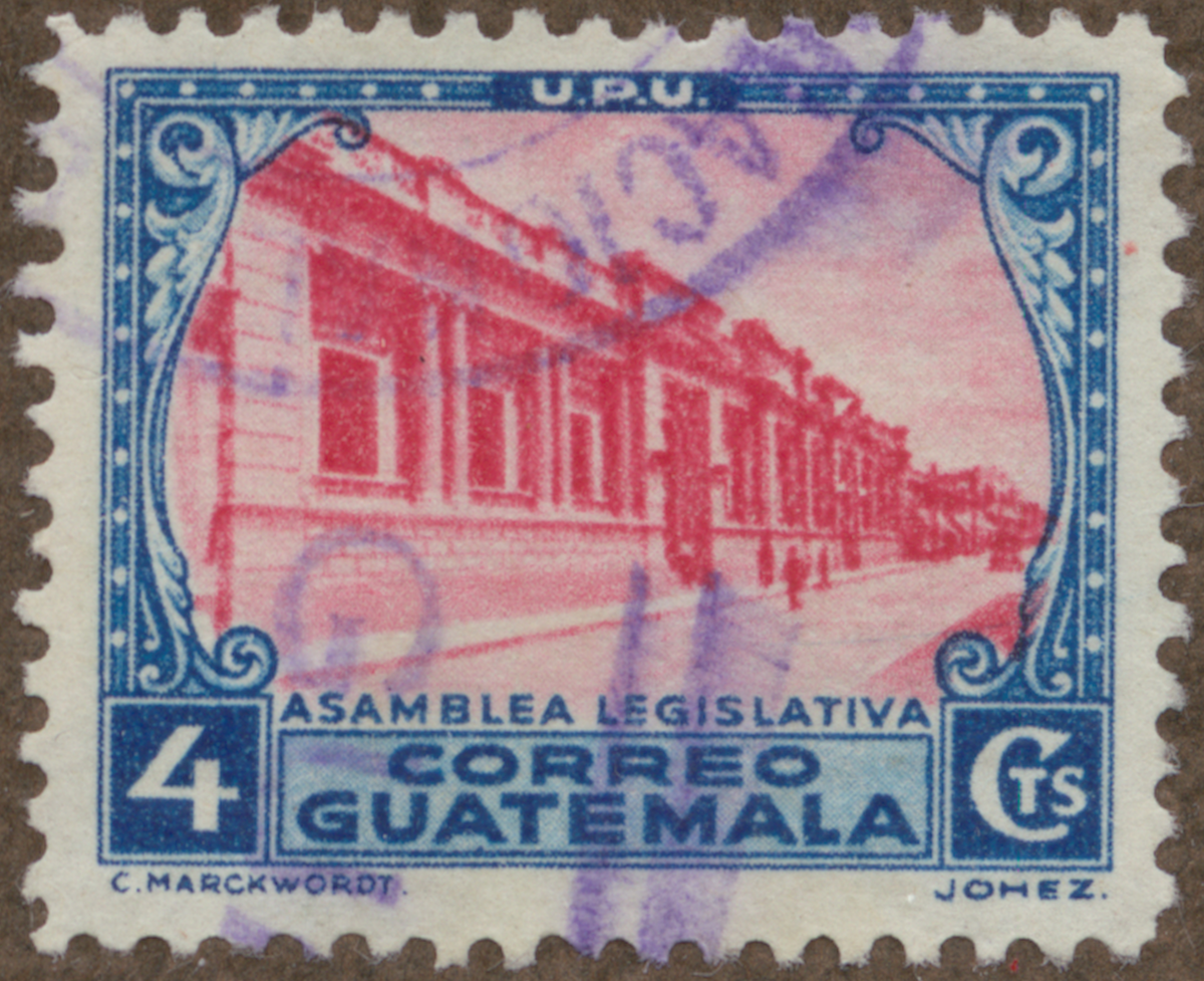 Frimärke ur Gösta Bodmans filatelistiska motivsamling, påbörjad 1950.
Frimärke från Guatemala, 1935. Motiv av Parlamentsbyggnaden