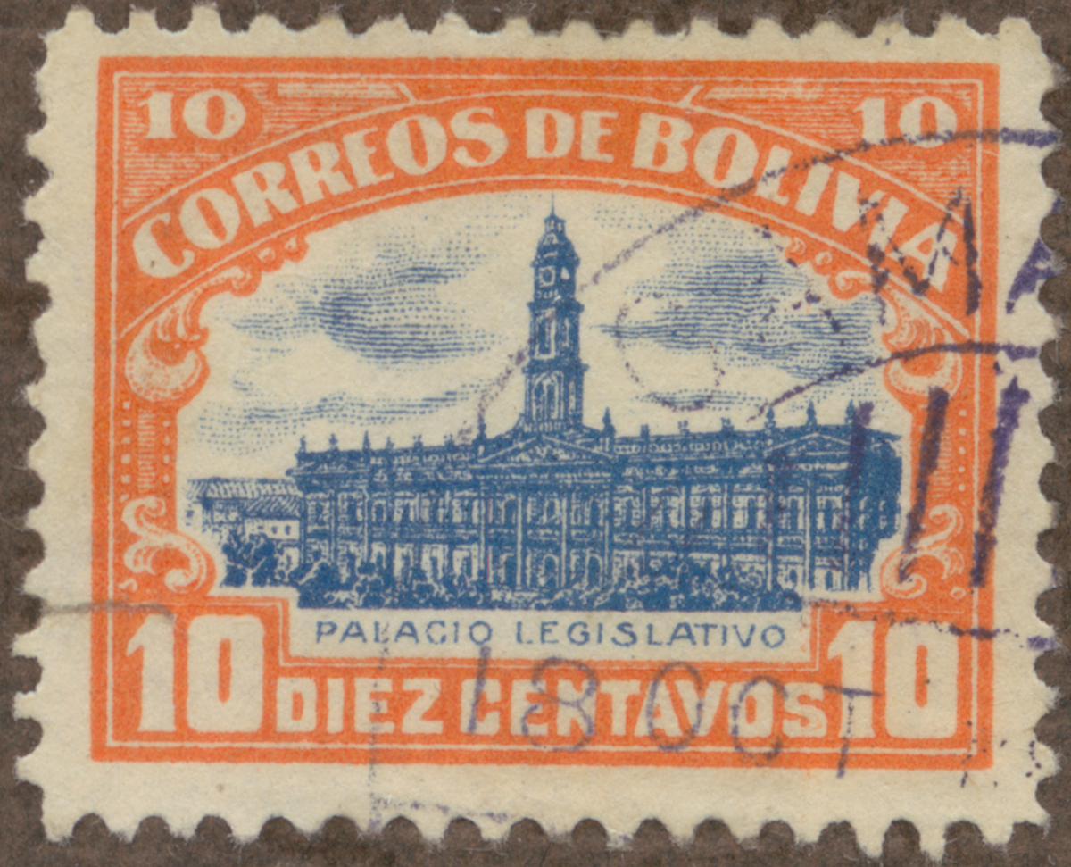 Frimärke ur Gösta Bodmans filatelistiska motivsamling, påbörjad 1950.
Frimärke från Bolivia, 1916. Motiv av Parlamentshuset i La Paz.