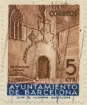 Frimärke ur Gösta Bodmans filatelistiska motivsamling, påbörjad 1950.
Frimärke från Spanien, 1936. Motiv av Stadshuset i Barcelona