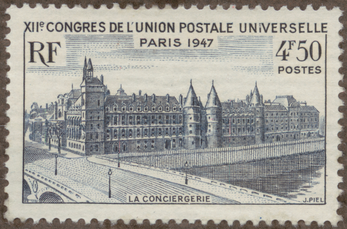 Frimärke ur Gösta Bodmans filatelistiska motivsamling, påbörjad 1950.
Frimärke från Frankrike, 1947. Motiv av La Conciergerie Paris Fängelse Kriminalpolisens central ("Scotland Yard") 12:te internat. postkongressen