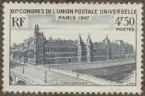 Frimärke ur Gösta Bodmans filatelistiska motivsamling, påbörjad 1950.
Frimärke från Frankrike, 1947. Motiv av La Conciergerie Paris Fängelse Kriminalpolisens central (