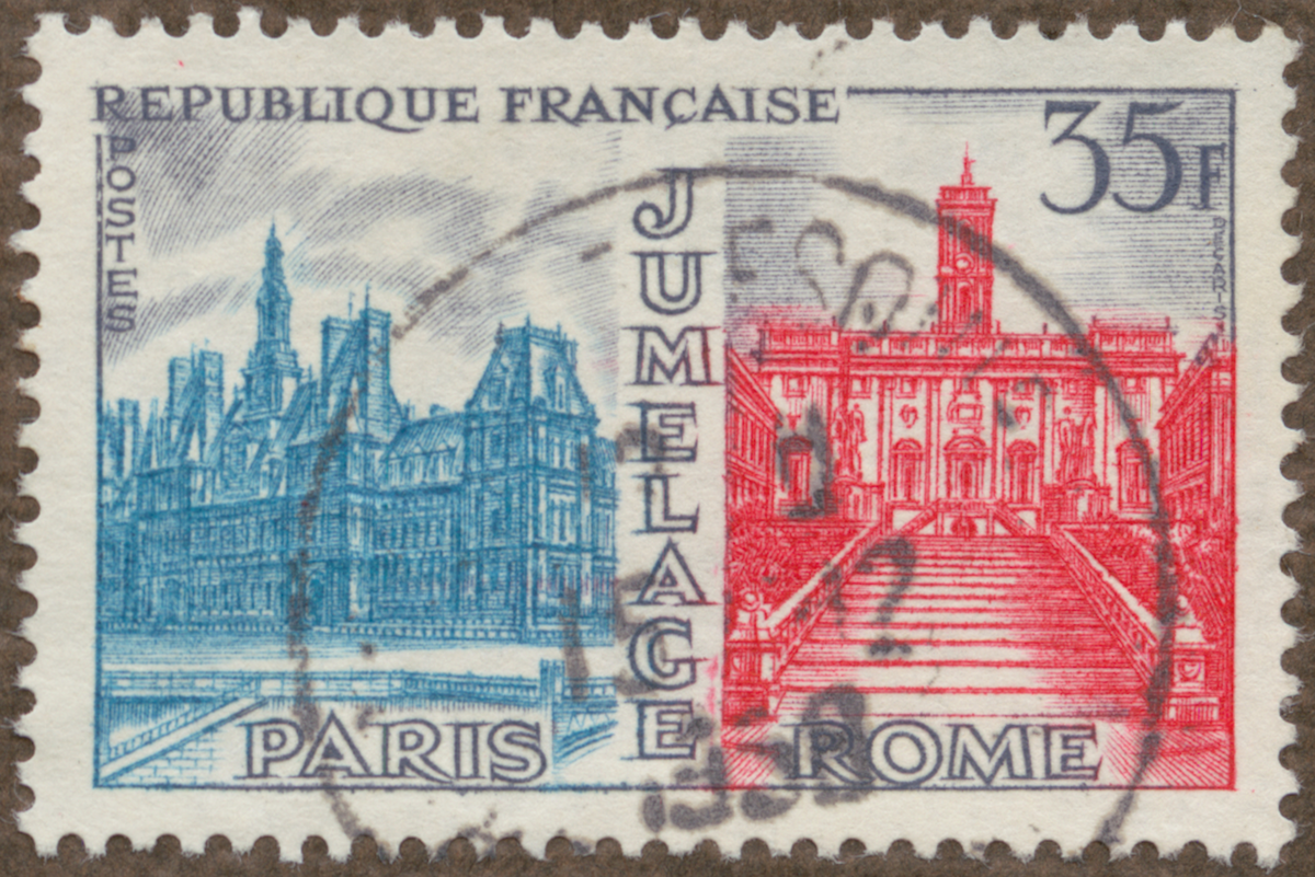 Frimärke ur Gösta Bodmans filatelistiska motivsamling, påbörjad 1950.
Frimärke från Frankrike, 1958. Motiv av "Jumelage-märke:" Rådhuset i Paris och Rom. Symbol för kulturella band emellan Paris och Rom och enhet i Europa.