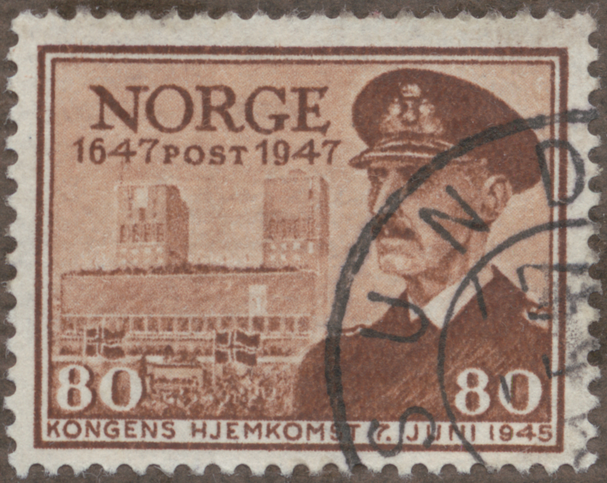 Frimärke ur Gösta Bodmans filatelistiska motivsamling, påbörjad 1950.
Frimärke från Norge, 1947. Motiv av Det nya rådhuset i Oslo Minne av kong Haakons hemkomst 7.6.1945 Norges postväsen 300 år 1647-1947.